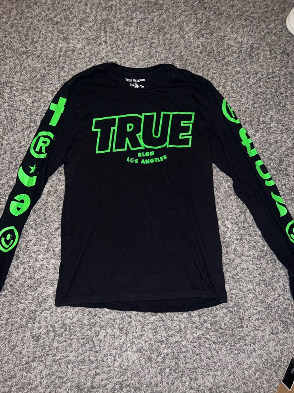 True Religion Black Long Sleeve Tee with Neon Green Logos